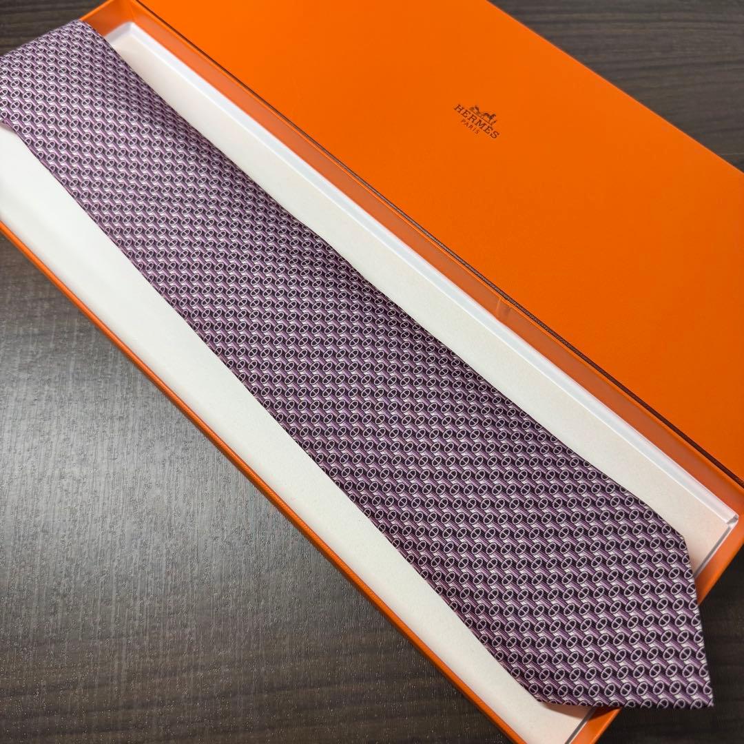 未使用 エルメス シェーヌダンクル アンカーチェーン H柄 ネクタイ パープル