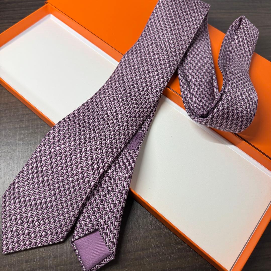 未使用 エルメス シェーヌダンクル アンカーチェーン H柄 ネクタイ パープル