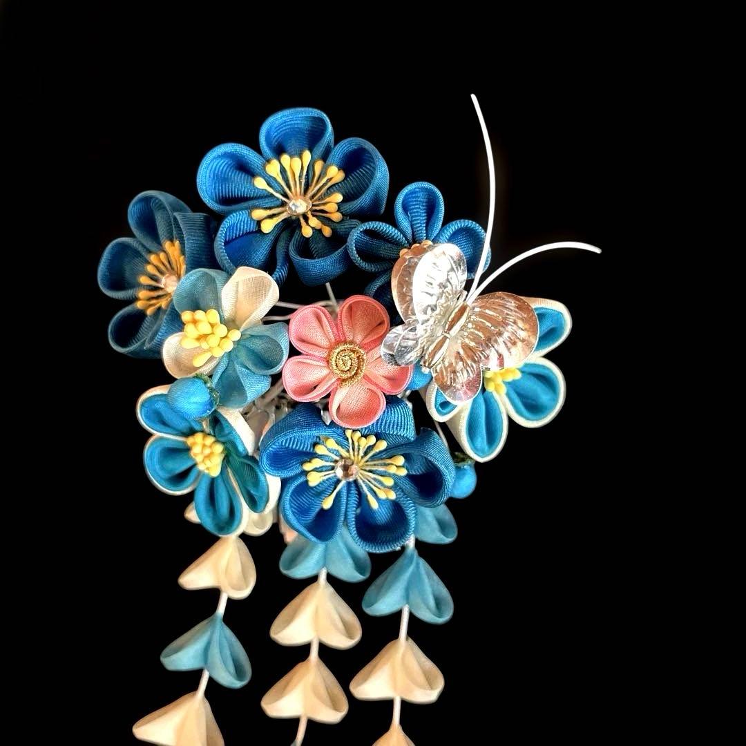 日本髪 髪飾り 七五三(7歳)～成人式 (ブルー×ピンク)