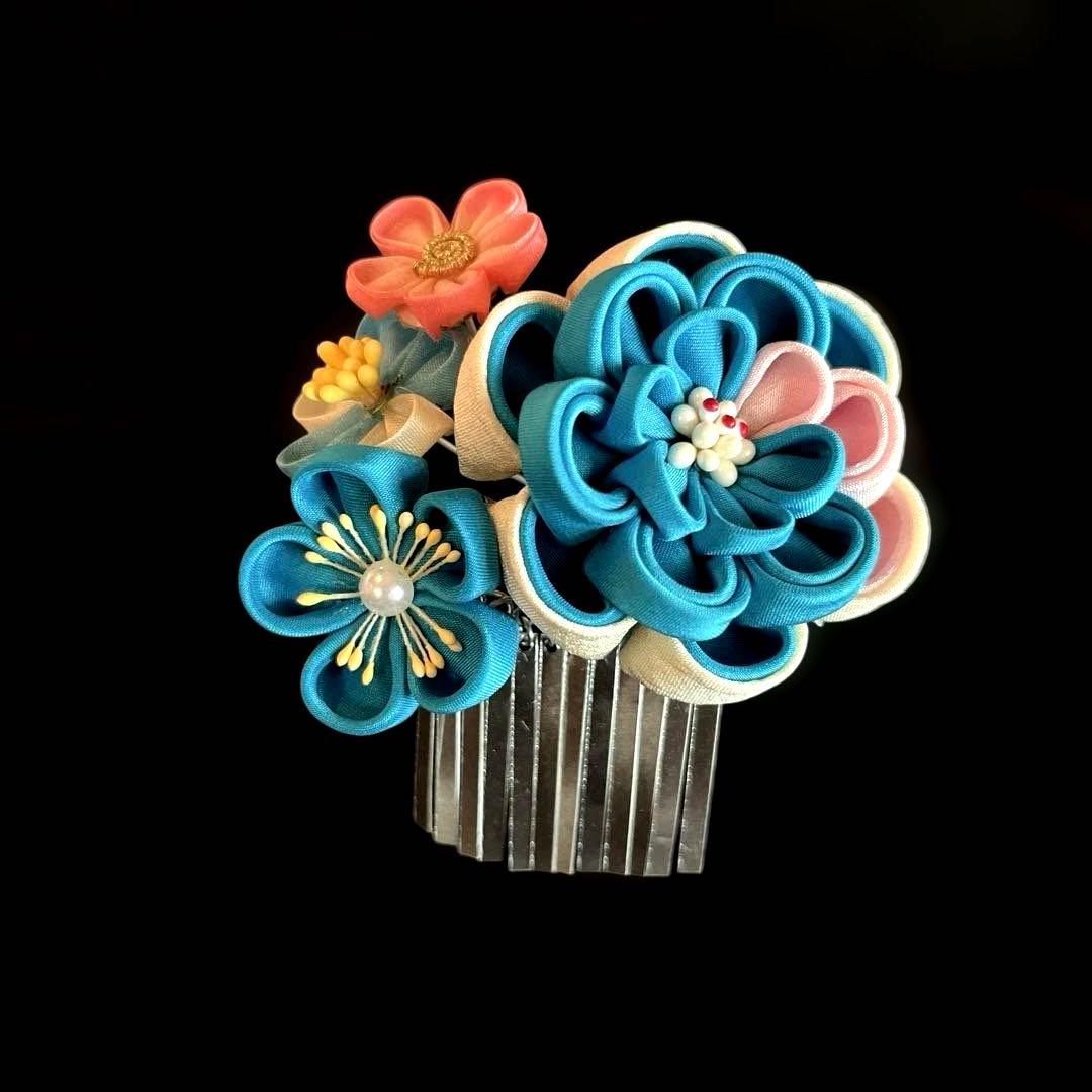 日本髪 髪飾り 七五三(7歳)～成人式 (ブルー×ピンク)