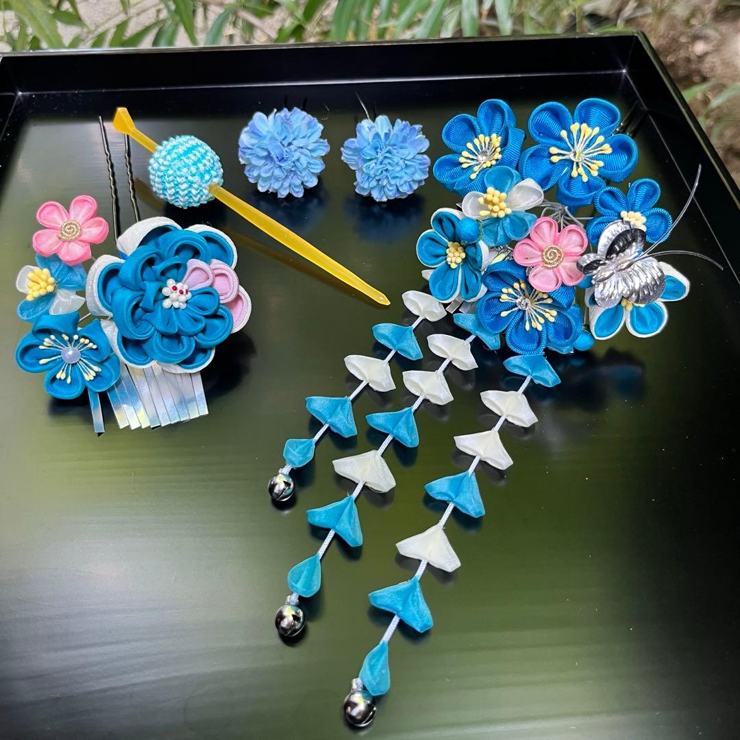 日本髪 髪飾り 七五三(7歳)～成人式 (ブルー×ピンク)