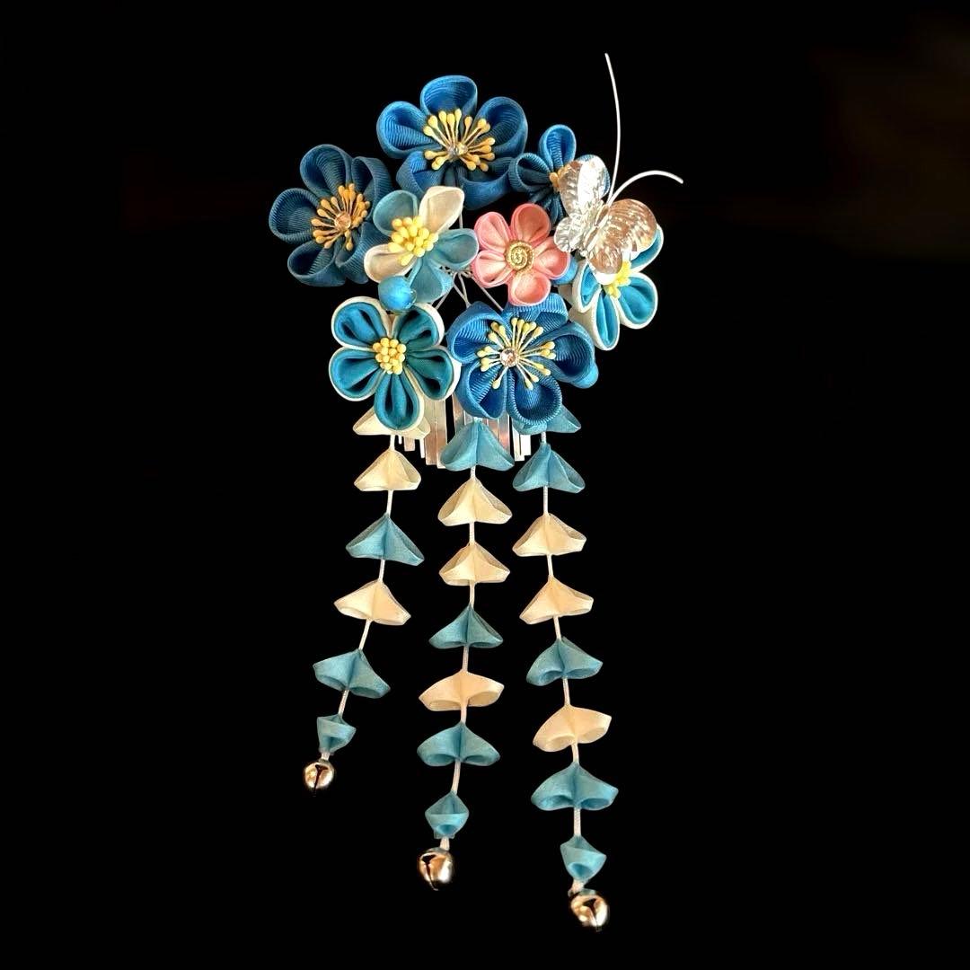 日本髪 髪飾り 七五三(7歳)～成人式 (ブルー×ピンク)