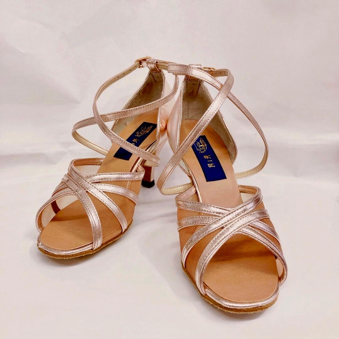 新品　社交ダンスシューズ　22.5㎝　ヒール7㎝　サーモン　チュール　月ノ舟