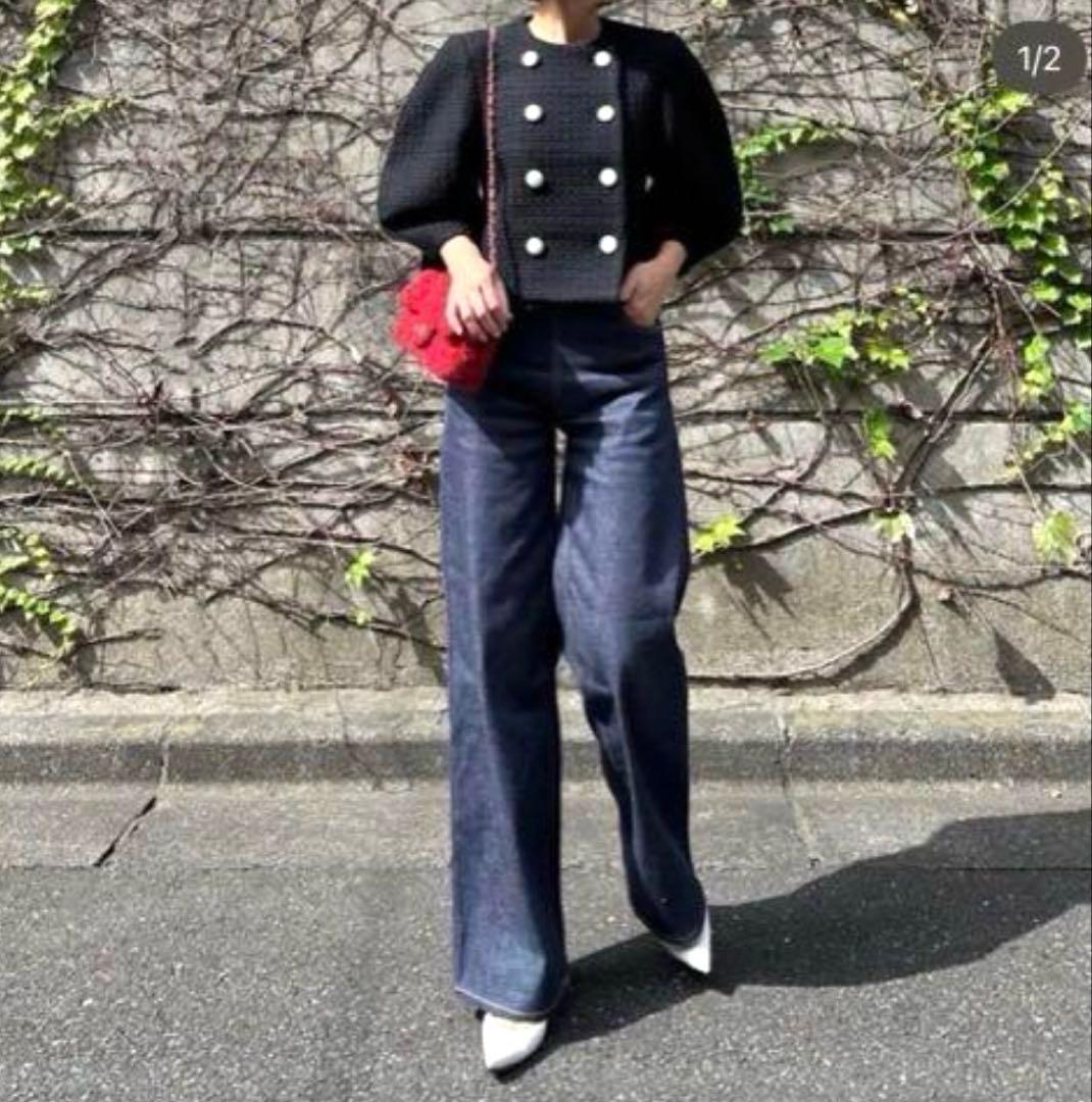 cygne シーニュ　レザーボタンツイードジャケット　Lydie+ ブラック