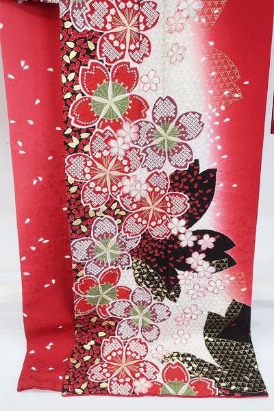 美品 振袖 赤 銀通し 桜花 金彩 身丈171cm お洒落 フォーマル 成人式