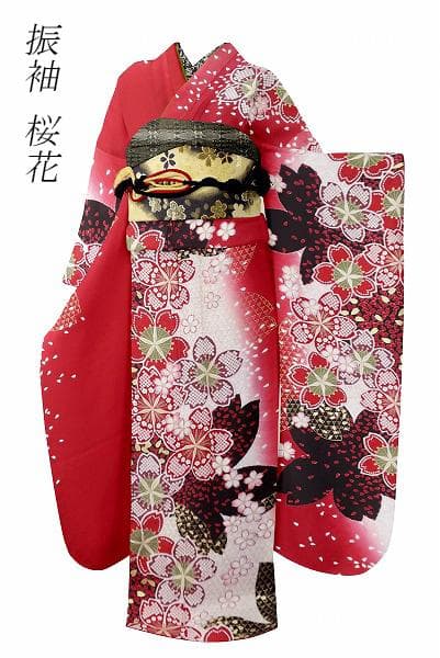 美品 振袖 赤 銀通し 桜花 金彩 身丈171cm お洒落 フォーマル 成人式