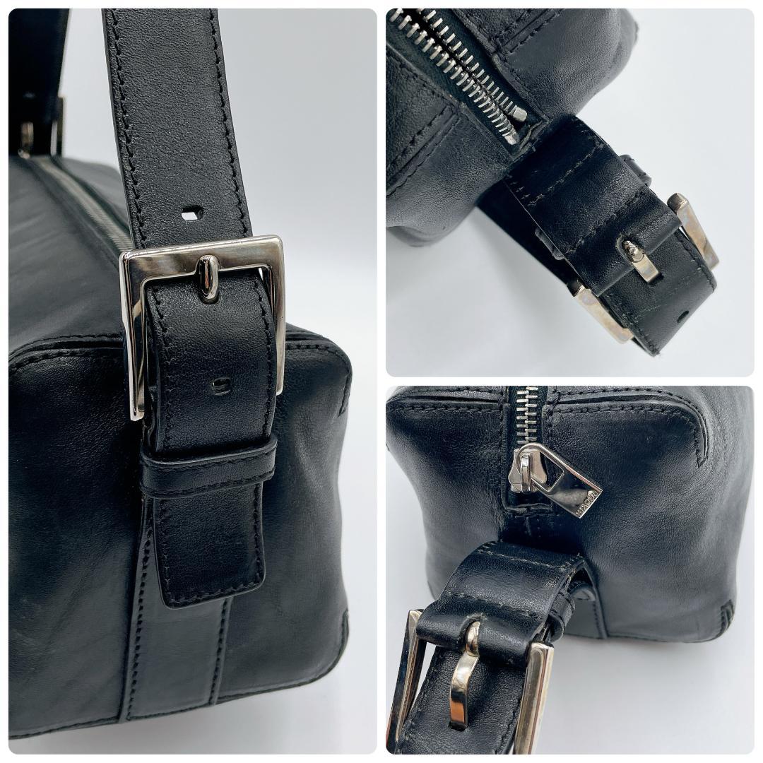 良品 HIROFU オールレザーワンショルダーバッグ 筒型 Hロゴ 黒f483