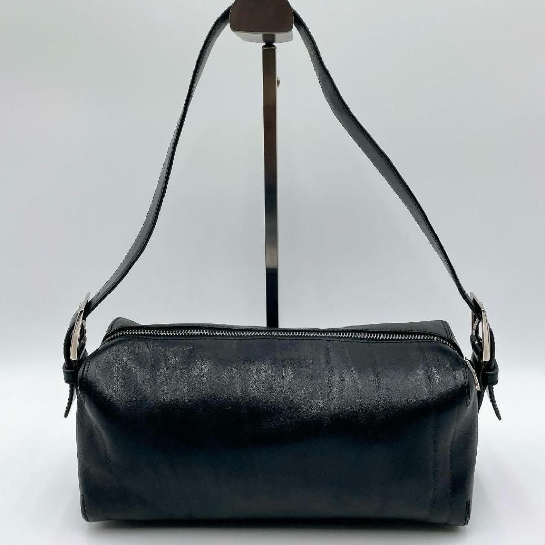 良品 HIROFU オールレザーワンショルダーバッグ 筒型 Hロゴ 黒f483