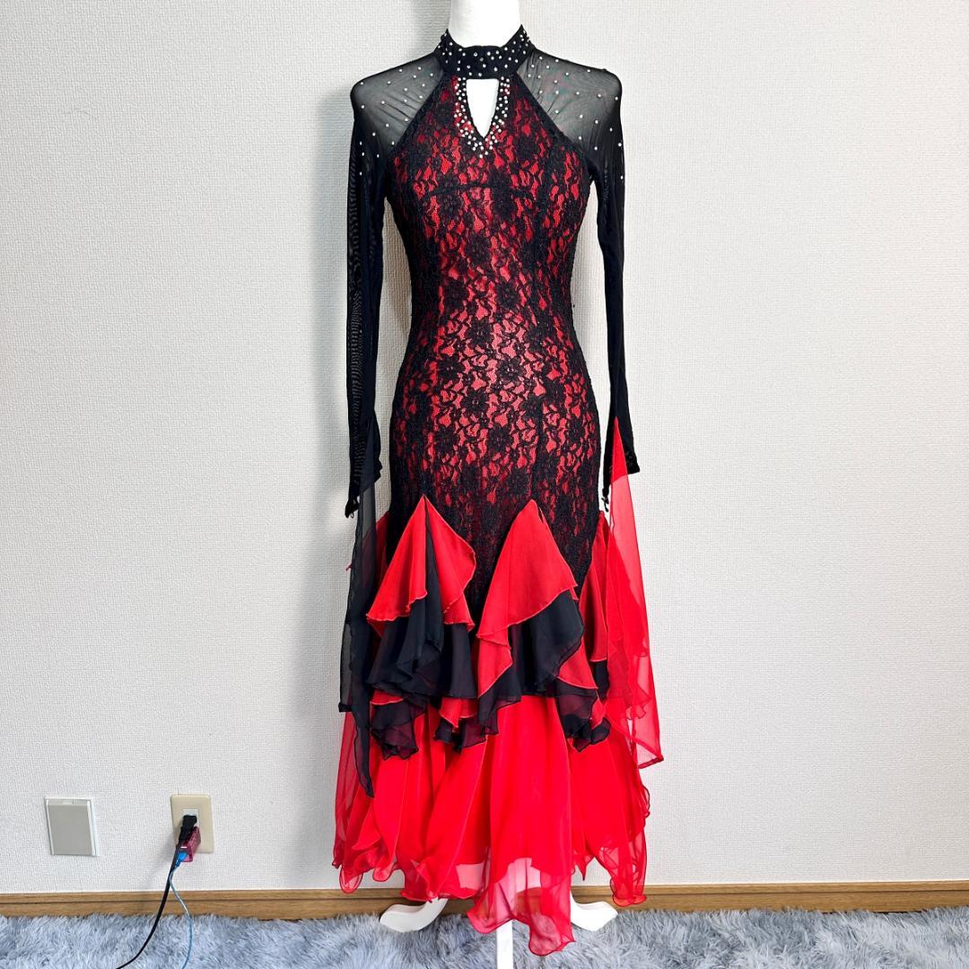 フラメンコ　ダンス衣装　ドレス　赤×黒　サイズ表記なし　HR2084