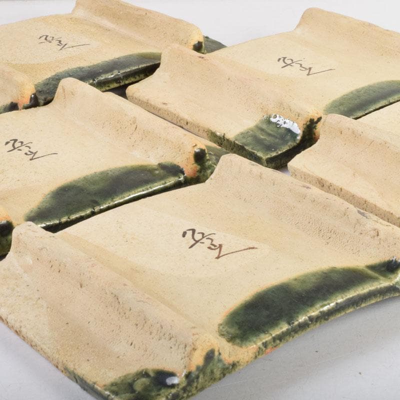 北大路魯山人作　織部焼　青織部　鳥文　四方皿　五客　時代箱　M　8981