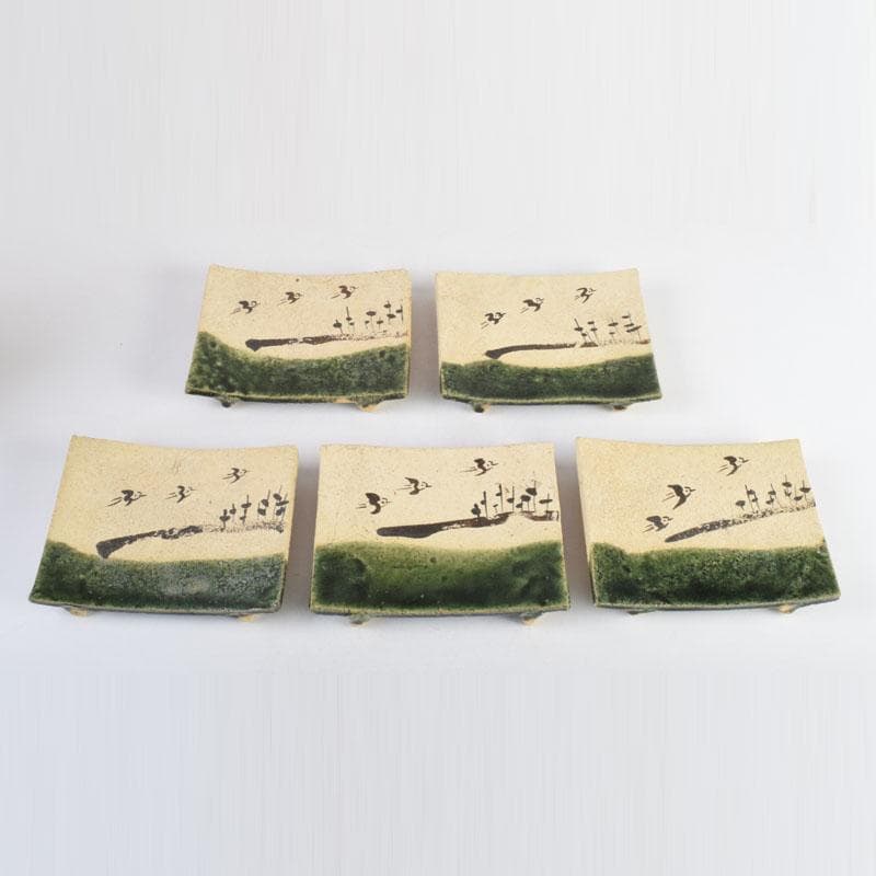 北大路魯山人作　織部焼　青織部　鳥文　四方皿　五客　時代箱　M　8981