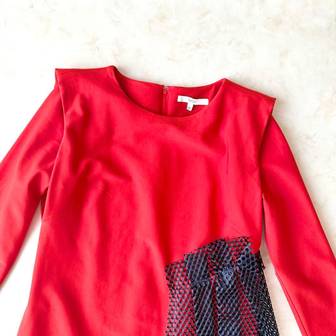 美品UN3D. アシンメトリー ドレープ ワンピース レッド 38 アンスリード