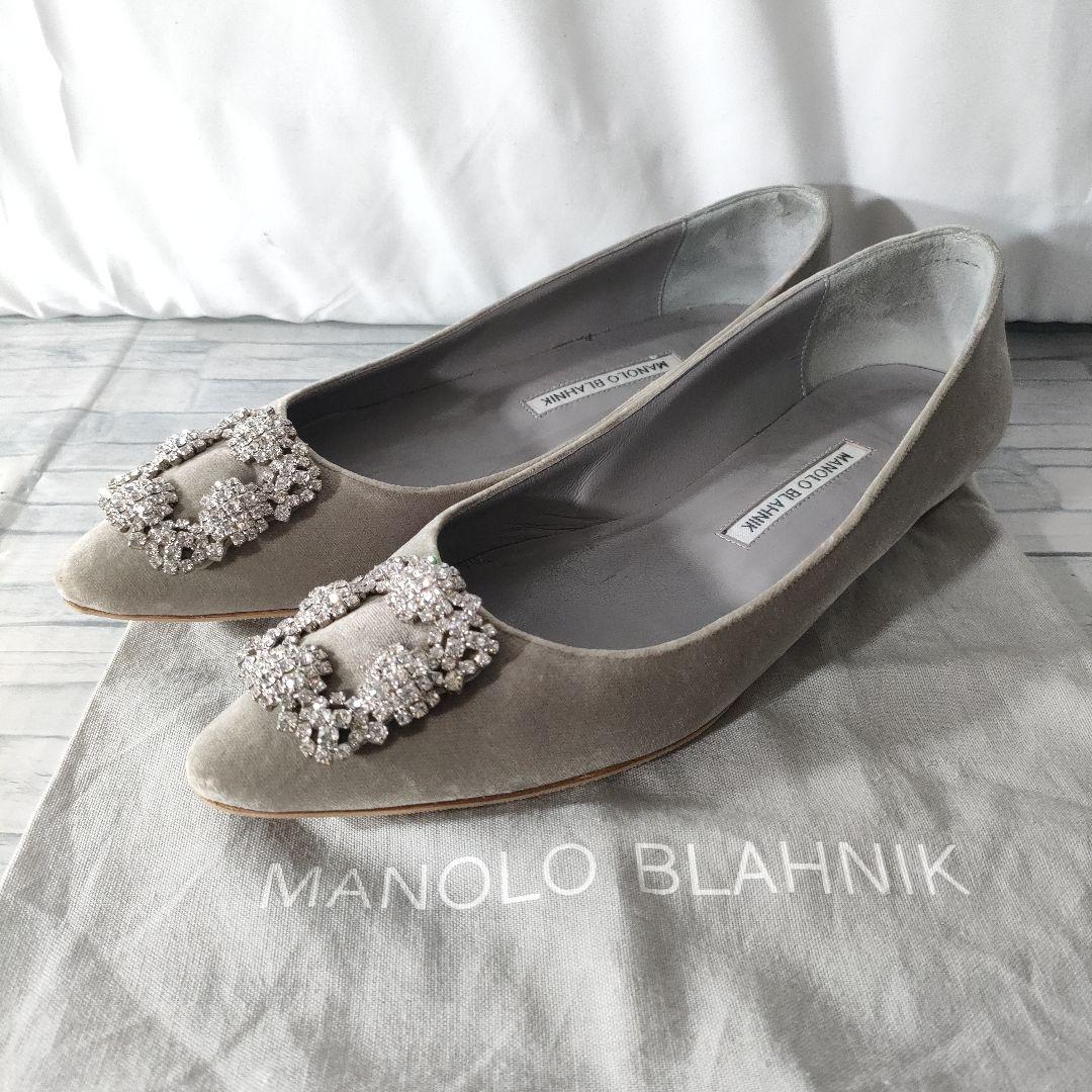 保存袋付き✨マノロブラニク　ハンギシ　ベロア　グレー×シルバー　39