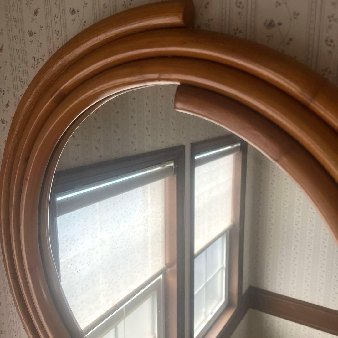 ラタン　籐家具　ウォールミラー 壁掛け鏡丸型　オールドラタン　ヴィンテージ