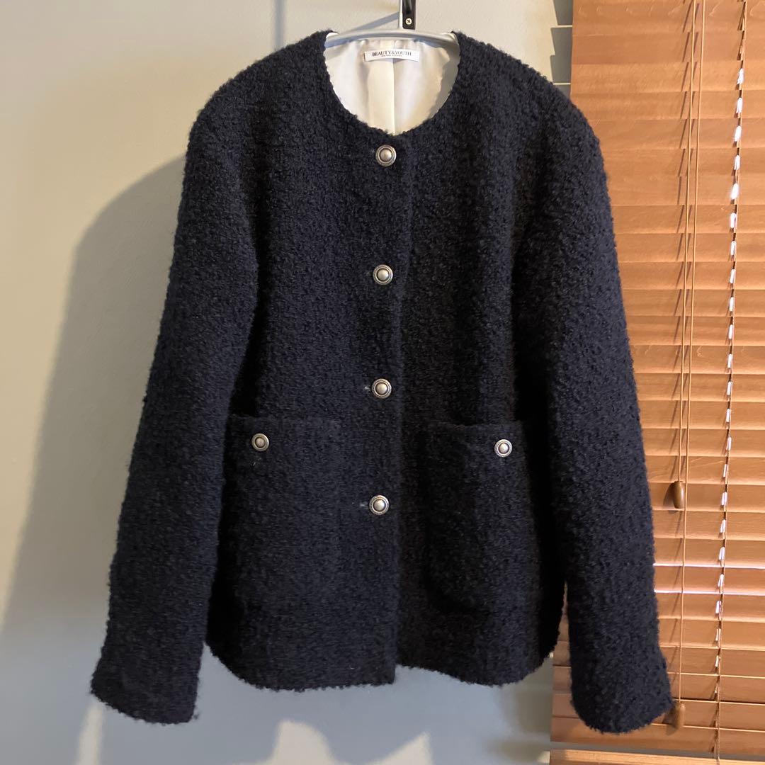 最終値下げBEAUTY&YOUTH ジャガードノーカラージャケット　ネイビー　M