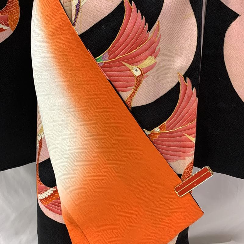 511ag43□七五三 七歳 女児 着物&袋帯 ヴィンテージ 孔雀 黒□状態良好