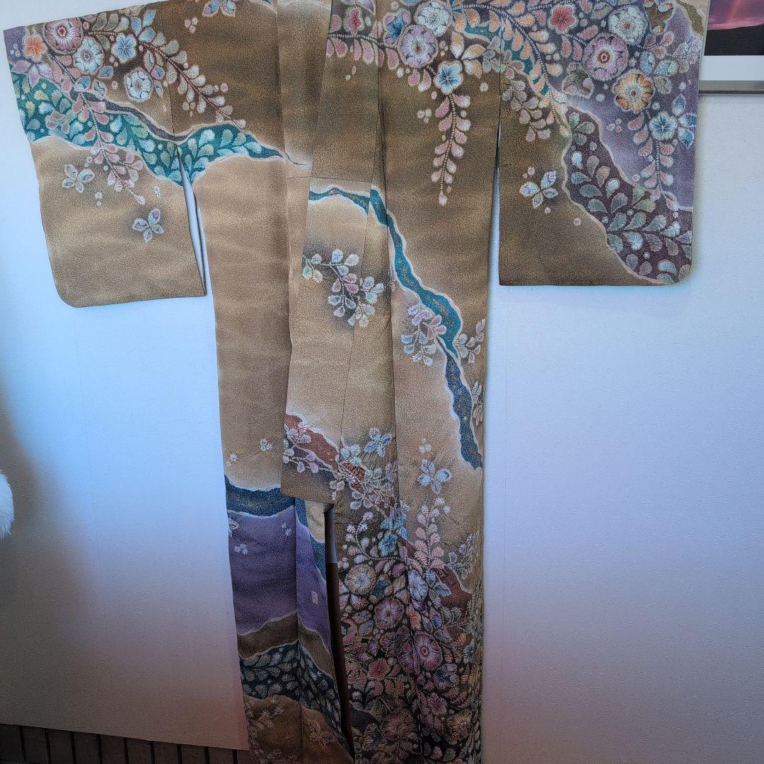 【翠山工房】訪問着 花柄 金色 紫色 辻ヶ花