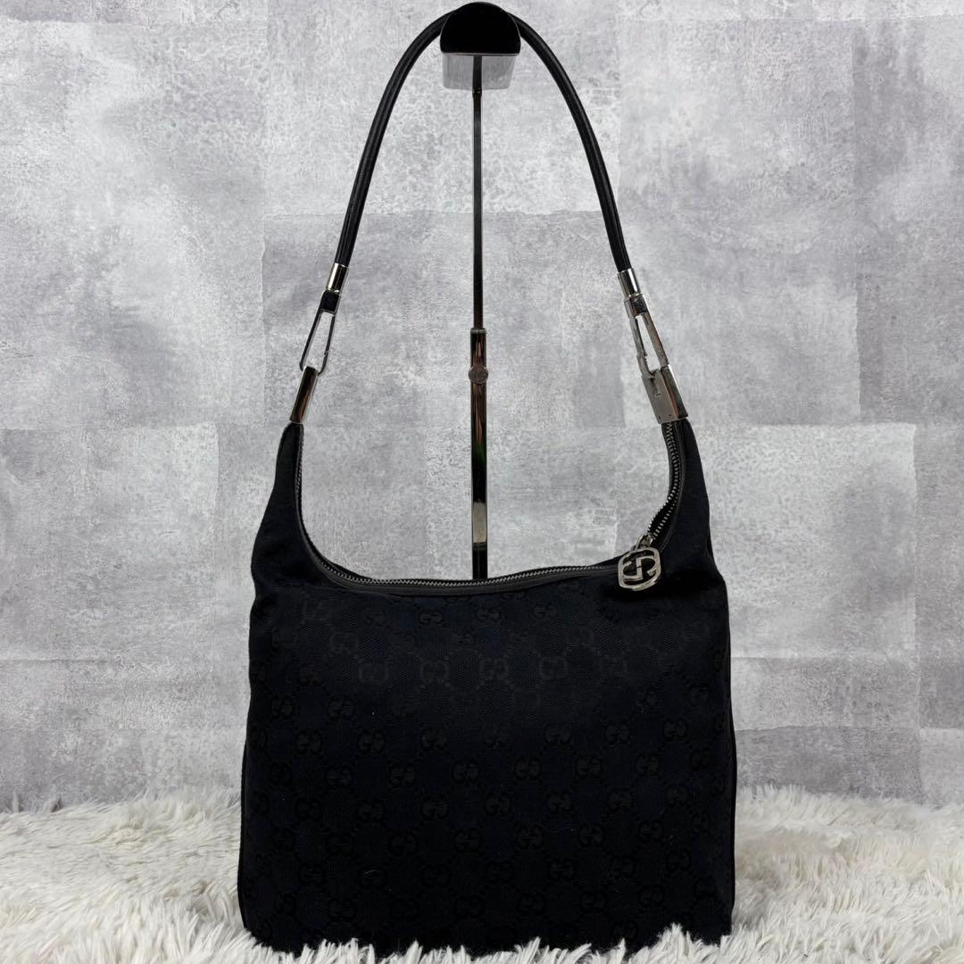 美品 GUCCI キャンバス レザー ワンショルダーバッグ GG 肩掛け 黒