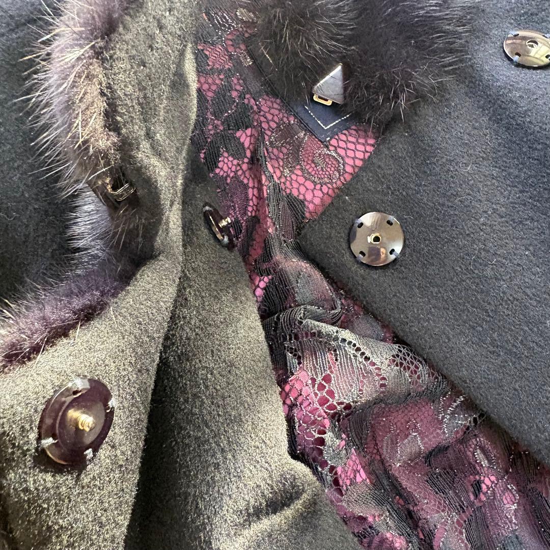 伊太利屋　カシミヤ混　コート　ミンク　リアルファー　ネイビー　美品　M