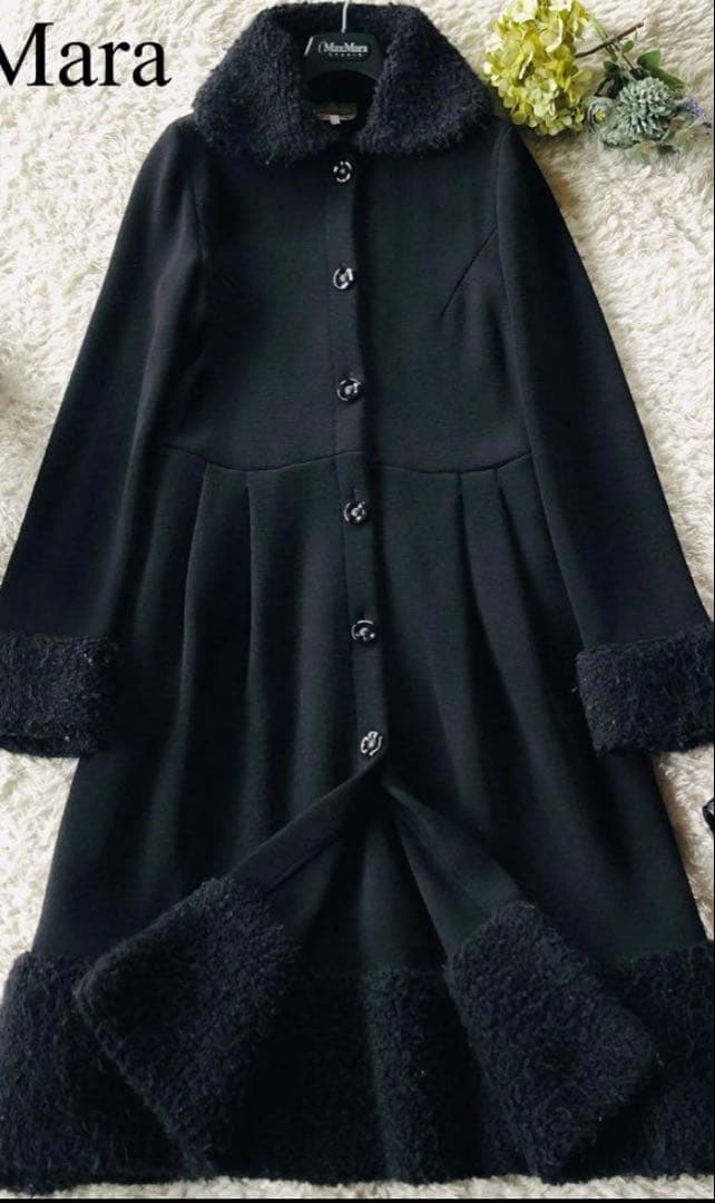 マックスマーラ ボアニットコート カシミヤ Aライン 銀タグ ブラック L