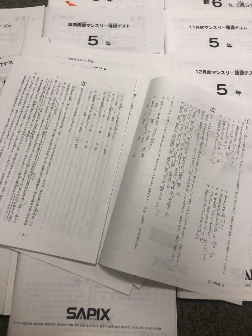 サピックス　2022年度　5年　マンスリー確認/復習/組分けテスト　計12回