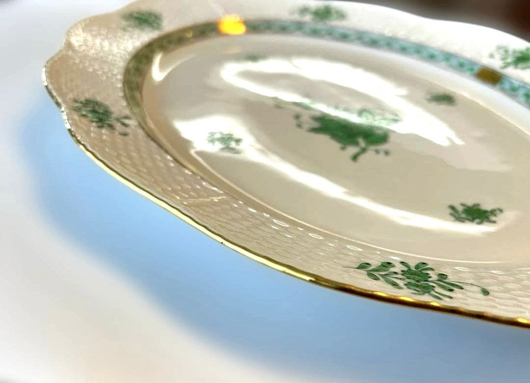 ヘレンド アポニー グリーン オーバル大判プレート 約36.5cm