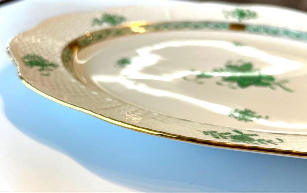 ヘレンド アポニー グリーン オーバル大判プレート 約36.5cm