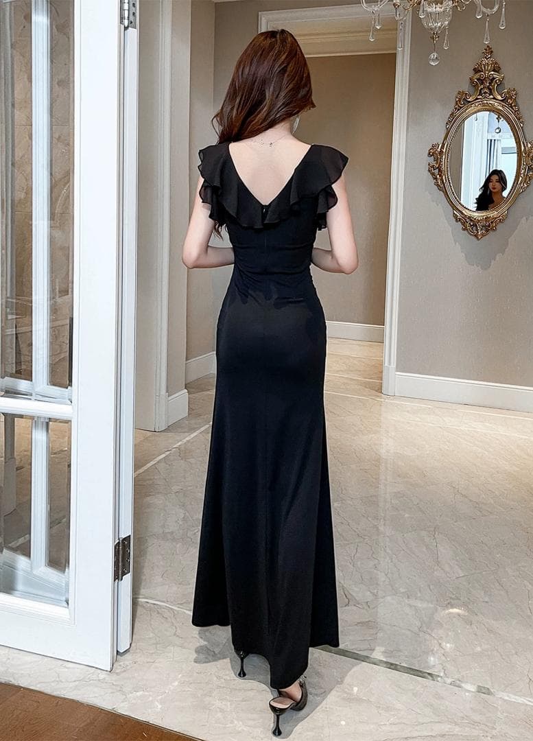 イブニングドレス Vネック レース フリル スリット キャバ嬢【選べる2色】