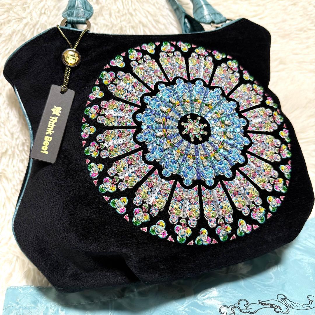 新品タグ付 シンクビー ノートルダム バッグ ブルー トートバッグ スパンコール