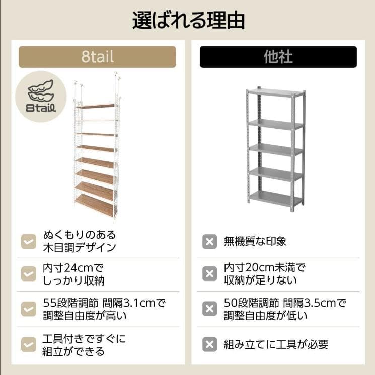 突っ張りラック ナチュラル×ホワイト 幅78cm 木目調