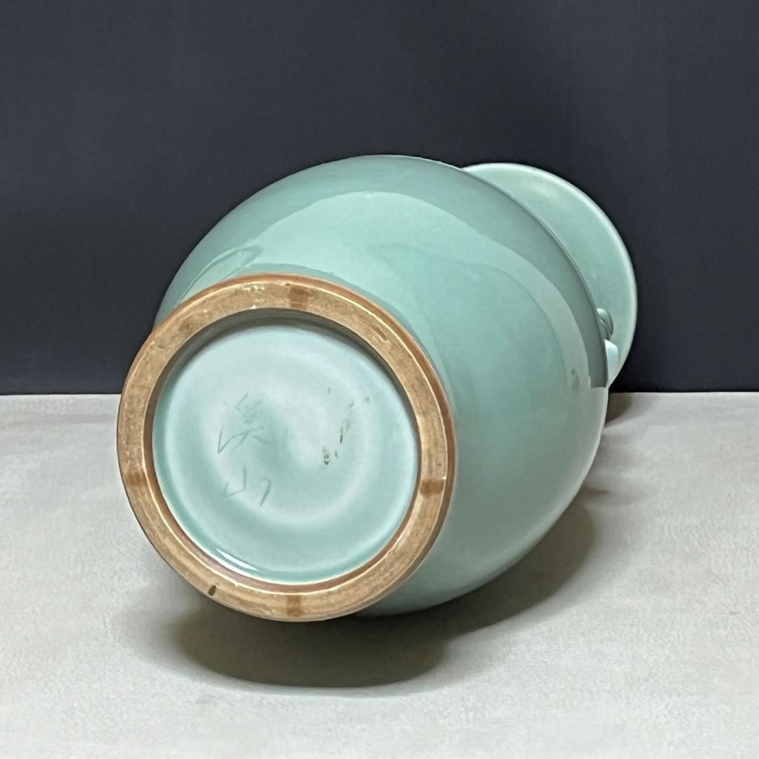 加藤渓山 砧青磁 耳付 花瓶 共箱 青磁 耳付花入 茶道具 【k3251】