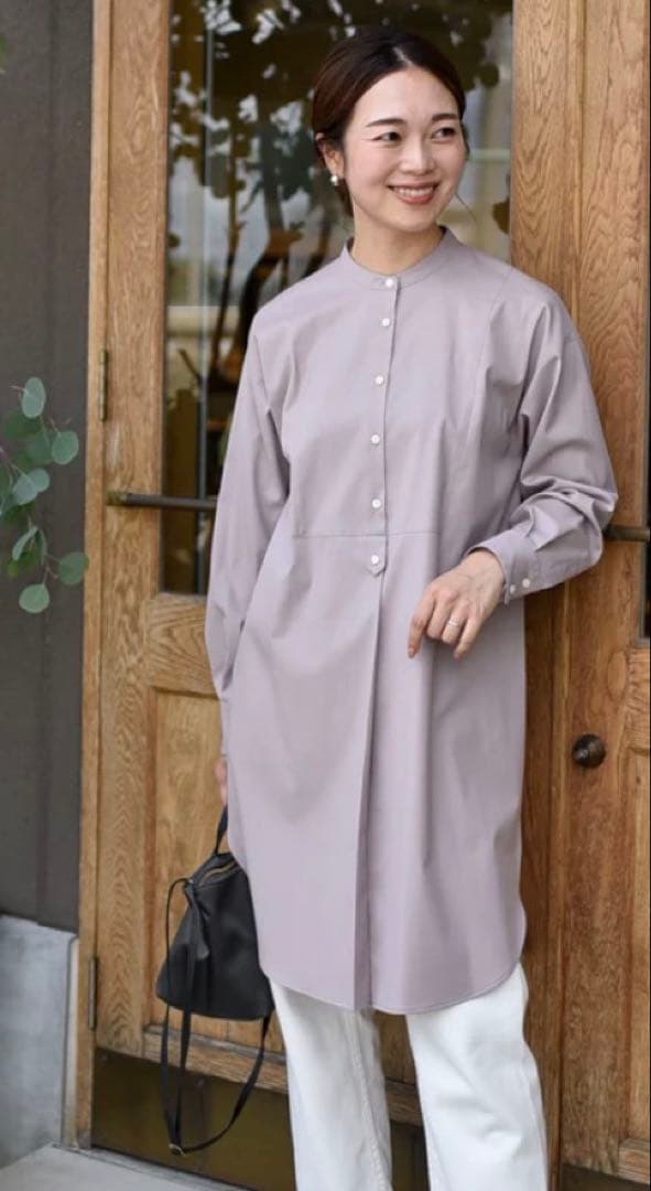 ＊our＊シワになりにくい胸元切り替えロングシャツ［グレイッシュピンク］