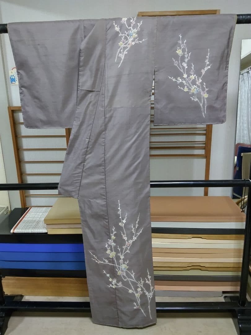 F-288 生紬地付け下げ 未使用 袷 枝花 楓 グレー系紫色 美品