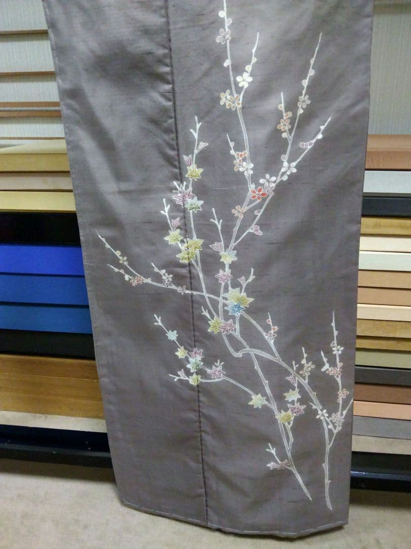 F-288 生紬地付け下げ 未使用 袷 枝花 楓 グレー系紫色 美品