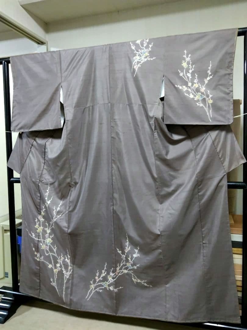 F-288 生紬地付け下げ 未使用 袷 枝花 楓 グレー系紫色 美品