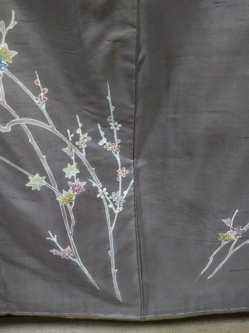 F-288 生紬地付け下げ 未使用 袷 枝花 楓 グレー系紫色 美品