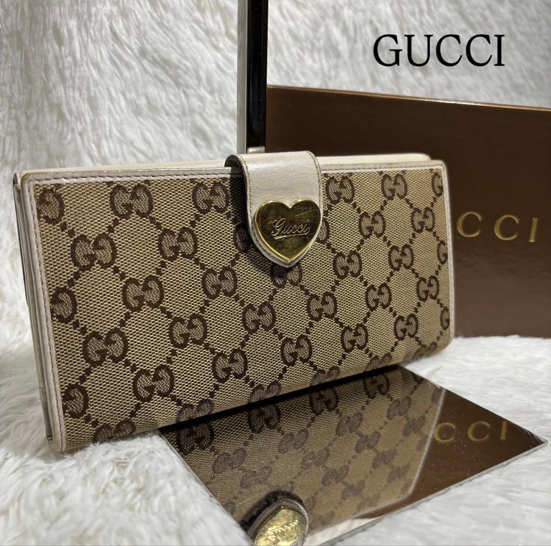 美品✨ グッチ 長財布 ラブリーハート GGキャンバス レザー 白 二つ折り