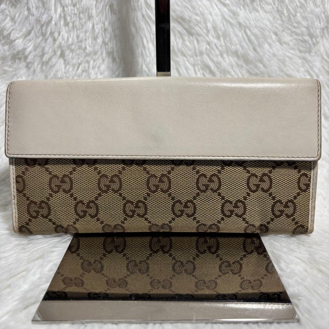 美品✨ グッチ 長財布 ラブリーハート GGキャンバス レザー 白 二つ折り