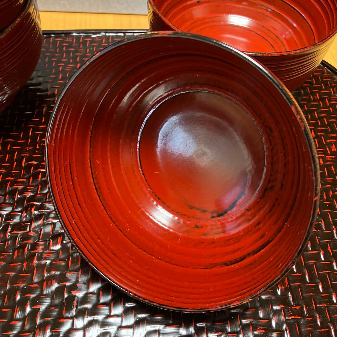 【未使用】天然木　根来塗　朱うるし塗　 平筋どんぶり　丼もの　雑煮椀　お椀　5P