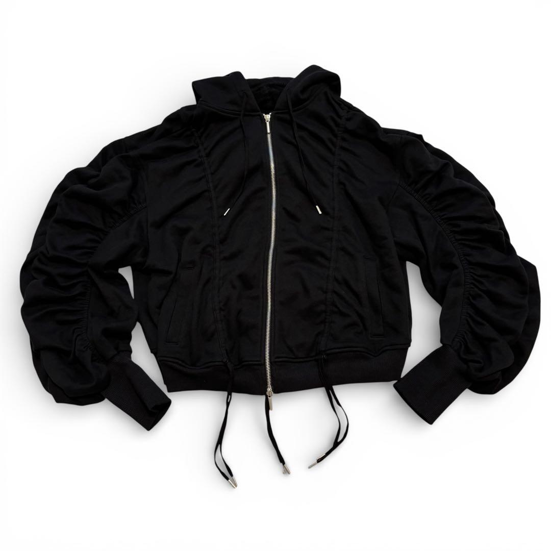 Ameri ギャザー ジップアップパーカー ブラック