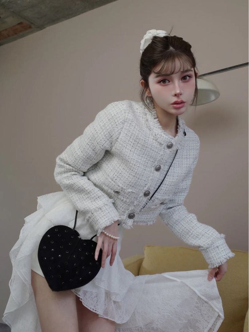 ダーリッチ コンパクトフリンジツイードジャケット WHT 美品