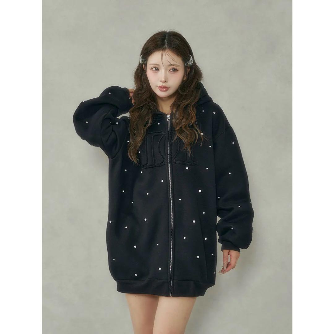 新品タグ付き ダーリッチ ブラック DDロゴビジュージップパーカー フリー F