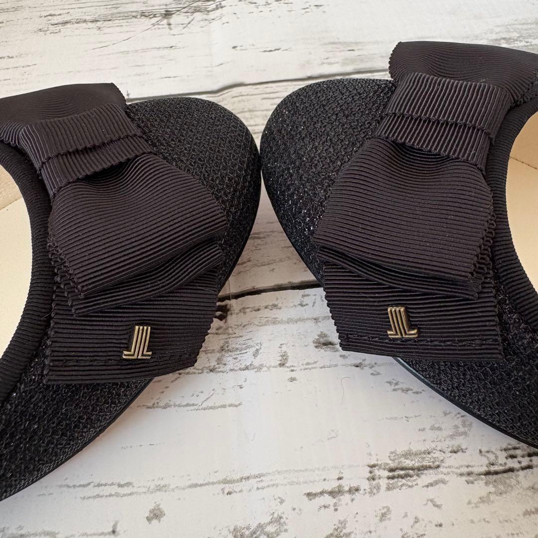 美品✨LANVIN en Bleu バレエシューズ リボン ラメ　黒 24