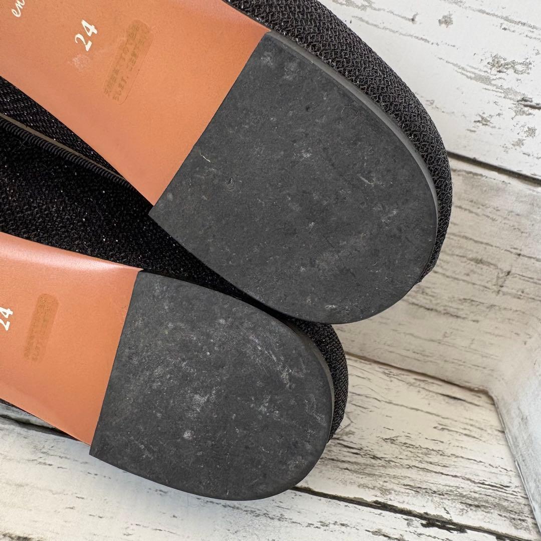 美品✨LANVIN en Bleu バレエシューズ リボン ラメ　黒 24