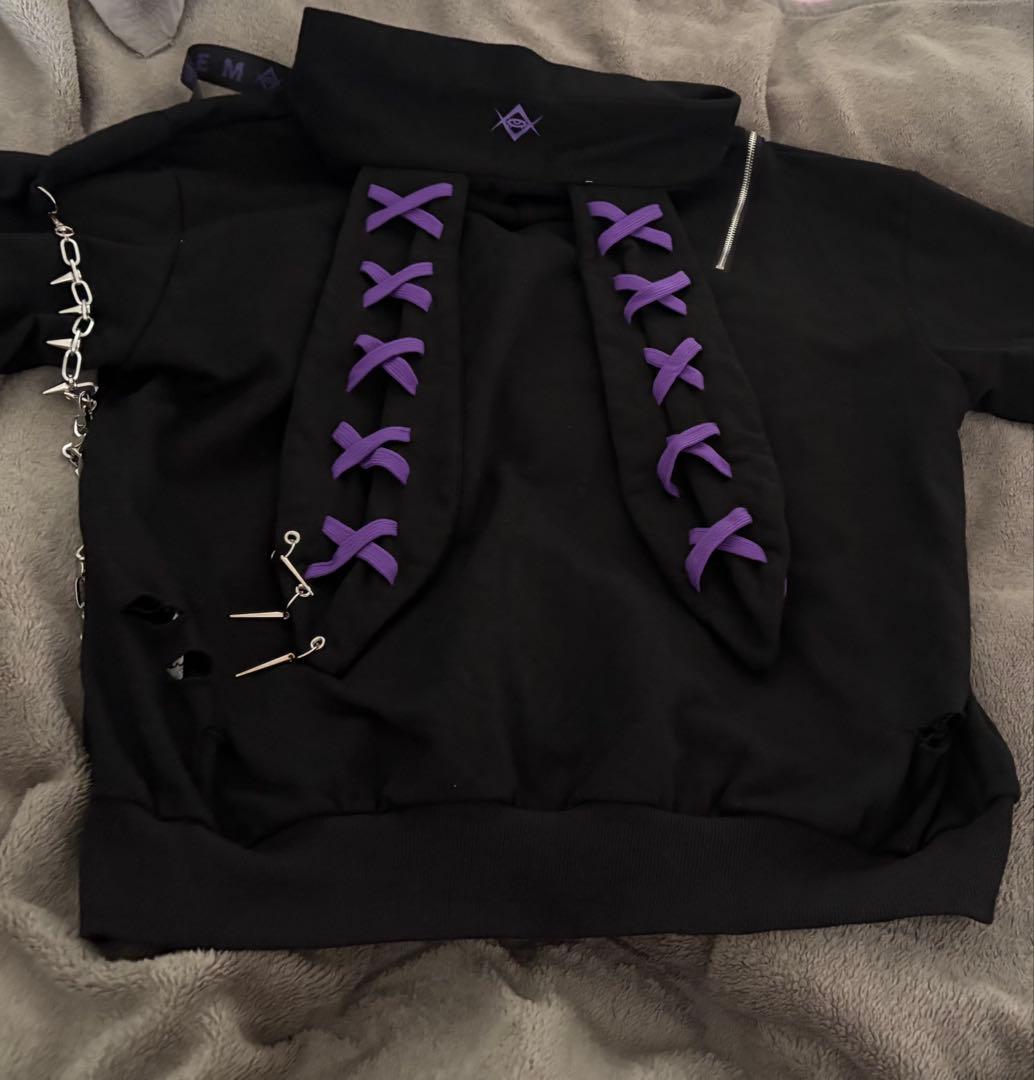 REFLEM レフレム うさ耳ダメージZIPアップ半袖パーカー (紫・パープル)