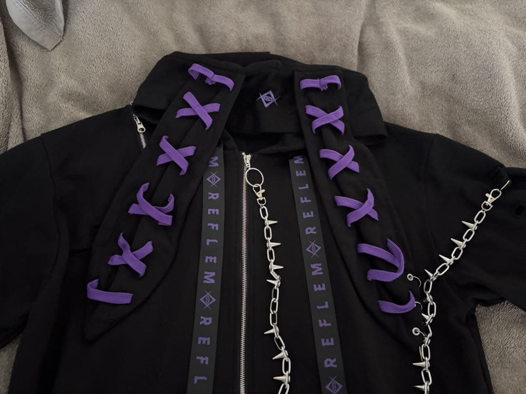 REFLEM レフレム うさ耳ダメージZIPアップ半袖パーカー (紫・パープル)