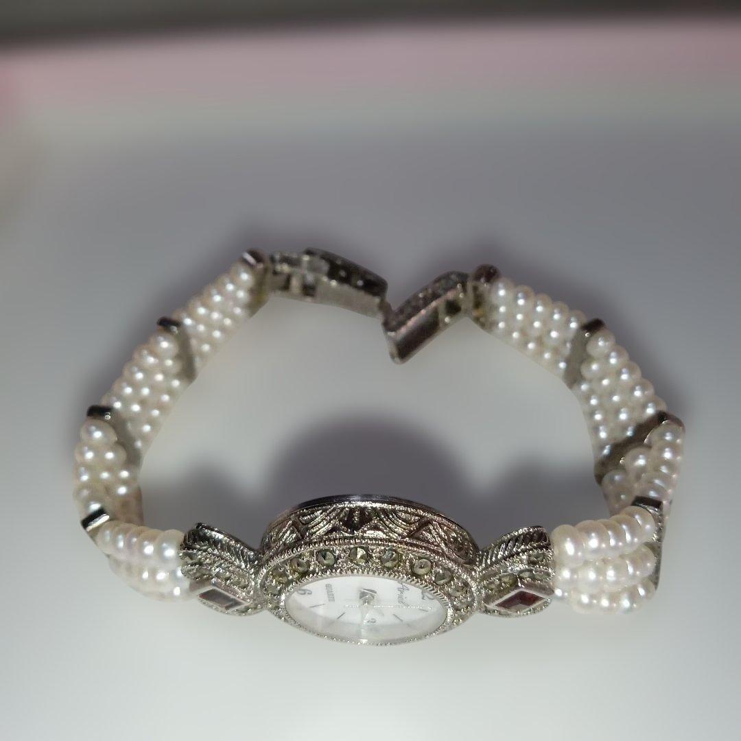 美品❣️ヴィンテージArieIマーカサイト＆ パール装飾 クォーツ腕時計