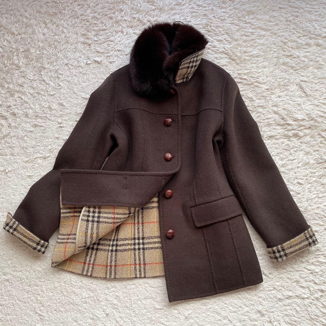 【希少44サイズ】バーバリーロンドン チェスターコート ノバチェック ファー