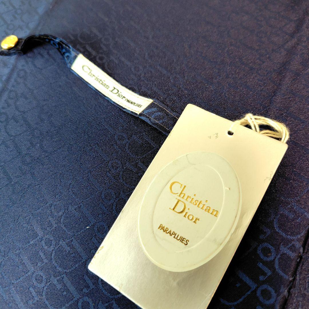 未使用級 希少 クリスチャンディオール 長傘 木製 高級傘 ロゴ 総柄 ネイビー