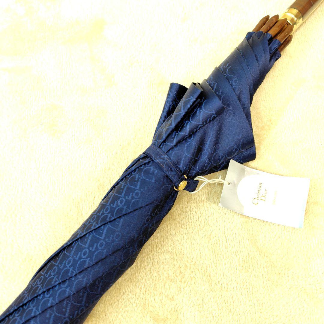 未使用級 希少 クリスチャンディオール 長傘 木製 高級傘 ロゴ 総柄 ネイビー
